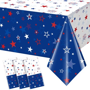 3 Pack Patriotic Tablecloth Decorations for 4th of July Independence Day, Plastic Memorial Day Table Cover Printed with Stars and Fireworks for Patriotic Themed Party Supplies, 54 x 108 Inch
