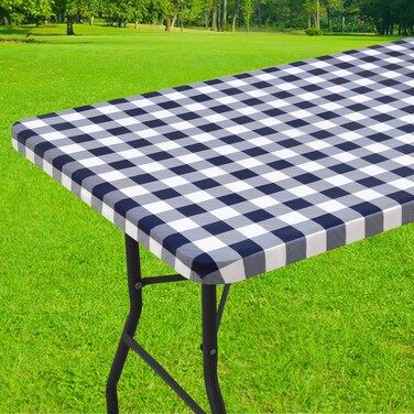 Smiry Rectangle Picnic Table Cloth, Elastic Waterproof Fitted Vinyl Tablecloth for 6 FT Tables, Flannel Backed Buffalo Plaid Table Covers for Dining, Camping, Outdoor (White and Navy, 30" x 72")