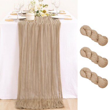 MLMC 3 Pack Brown Cheesecloth Table Runner 10ft Wrinkled Rustic Nude Cheese Cloth Table Runner Bulk 35x120 Inches for TV Stand Cabinet Dinner Table Decor