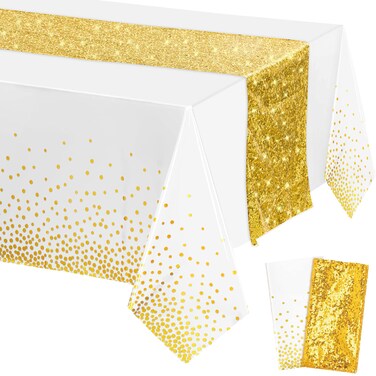 Tablecloth and Sequin Table Runner Set Polka Dots Confetti Table Cover Dining Plastic Table Cloths Glitter Decorations for Birthday Wedding Anniversary Party Supplies (White, Gold, 2 Pcs)