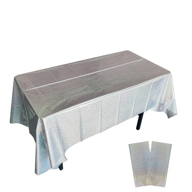 2 Pack Iridescent Plastic Tablecloths Silver Iridescent Table Cloth Holographic Table Cloth Disposable Tablecloths Rectangular Party Table Covers Iridescent Party Decorations 54" x 108"(Silver)