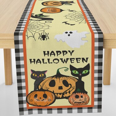 Happy Halloween Table Runner, Seasonal Black Cat Pumpkin Kitchen Dining Table Decoration for Indoor Outdoor Home Party Decor 13 x 72 Inch- YU-1031-01A