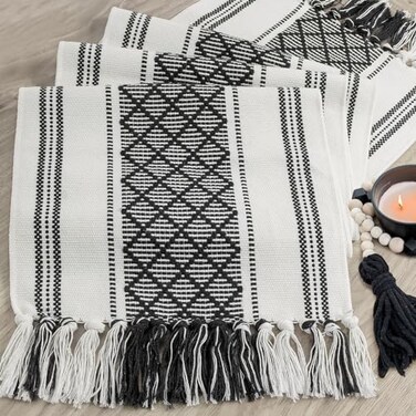 yuboo Black and White Table Runner, Long Striped Woven Coffee Table Runner 72 Inches Long, Dresser Runners for Bedroom, Dining Room, Kitchen, Farmhouse Gothic Table Decor