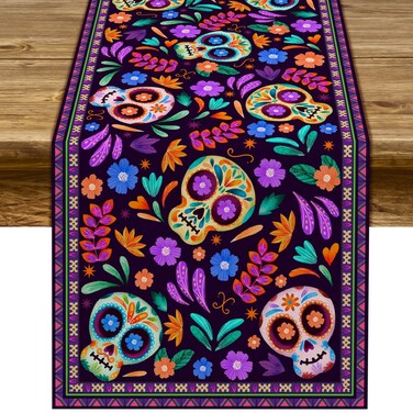 Dia De Los Muertos Table Runner Cinco de Mayo Rustic Linen Mexican Sugar Skull Day of The Dead Altar Decoration for Home Kitchen Dining Room (13" x 90")