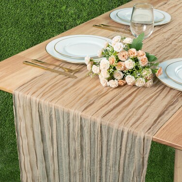 TuTive 35x160 Inch Cheese Cloths Table Runner Sand Long Table Runners Boho Table Runner Rustic Gauze Wedding Dining Table Decorations Sheer Table Runner for Birthday Party Baby Shower Event