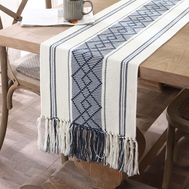 LUFEIJIASHI Woven Table Runners Farmhouse Style,Boho Table Runners 90 inches Long with Tassels Elegant Washable Table Runners for Dining Room ,Wedding,Holiday,Party Table Decor (14.5x90inch, Blue)