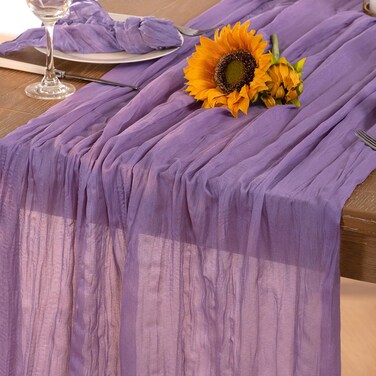 DeZerlor Purple Cheesecloth Table Runner Spring Boho Sheer Gauze Table Runner 120 Inches Long Grape Easter Table Decorations for Wedding Bridal Baby Shower Birthday Garden Parties Decor