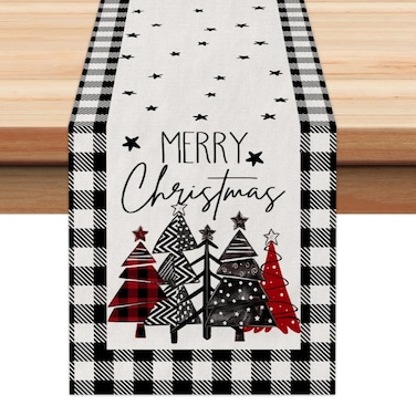 ARKENY Merry Christmas Tree Buffalo Plaid Table Runner 13x90 Inches, Winter Holiday Indoor Outdoor Table Decoration for Home