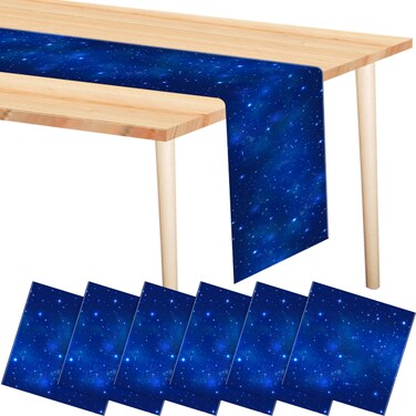 Mindsoft 6 Pieces Space Table Runner 14 x 108 Inches Cosmos Galaxy Table Runner Disposable Plastic Star Table Runner for Wedding Birthday Party Decorations Dining Room Kitchen Decor Supplies (Blue)