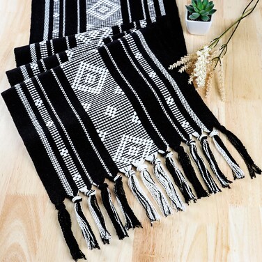 ASTNIC Boho Cotton Table Runner 14x63 Inch, Rustic Farmhouse Macrame Table Runner with Tassels, Black and White Woven Table Runner for Dining Room,Holiday Party, Bridal Shower and Wedding Decoration.