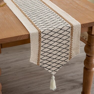 Mayler Yee Table Runner Triangular End, Boho Style with Tassels, Cotton &amp; Linen, Farmhouse Home Decor for Living Room Dresser Scarfs (12x90inch, Black &amp; Beige)