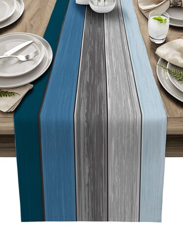 Farmhouse Cotton Linen Table Runner Dresser Scarf Extra Long 108 inches- Retro Rustic Barn Wood Texture Ombre Blue Gray Ocean Hues Non-Slip Rectangle Settings Decor for Kitchen Home Dining Holiday
