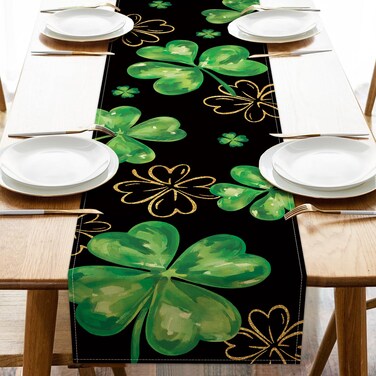 Seliem St. Patrick's Day Black Table Runner, Gold Shamrock Clover Kitchen Dining Table Decor, Irish Spring Home Decoration Indoor Outdoor Party Supply 13 x 72 Inches