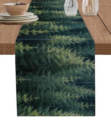 Forest Table Runner-Cotton Linen- 36 Inch Holiday Dresser Scarves, Green Rustic Cabin Lodge Farmhouse Pine Trees Tablerunner for Kitchen Coffee/Dining Bedroom Living Room Dinner Scarf D&Atilde;&copy;cor 13x36