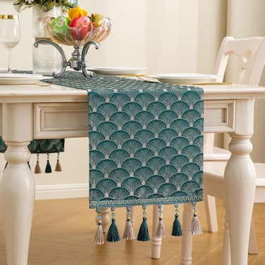 Mayler Yee Table Runner, Vintage Luxury Embroidered Floral Jacquard Damask Fabric with Multi-Tassels for Living Room Dresser Scarfs (Teal, 13x72inch)