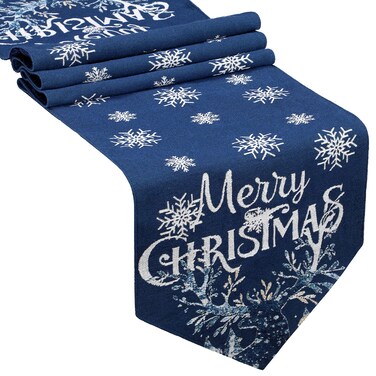 Boao Christmas Table Runner Embroidery Snowflake Elk Snowman Table Runner 13x70 Inch Xmas Classic Red Blue Runner for Dining Room Kitchen Christmas Wedding Winter Holiday Table Decor(Elk,Navy Blue)
