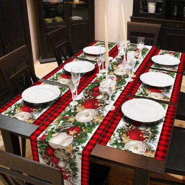 VitalCozy 7 Pcs Christmas Table Runner and Placemat Set 72 x 13 Inch Buffalo Plaid Table Runner Xmas Poinsettia Table Mat Plaid Table Linen for Holiday Kitchen Dining Table Decoration(Plaid)