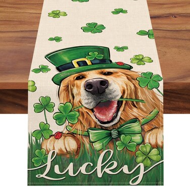 Seliem St. Patrick's Day Golden Retriever Dog Table Runner, Puppy Lucky Shamrock Clover Top Hat Kitchen Dining Table Decor, Irish Spring Home Decoration Indoor Outdoor Party Supply 13 x 72 Inches