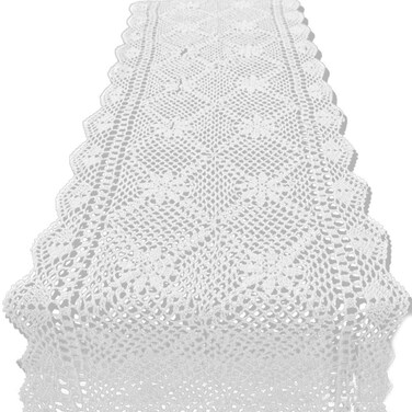 KEPSWET 14x48 inch White Cotton Crochet Lace Rectangular Table Runner Handmade Table Decoration
