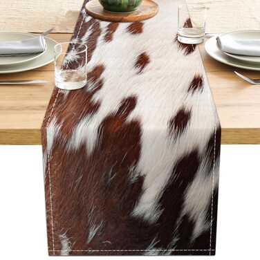 Linen Cow Print Table Runner 13x71 Inch Farmhouse Western White Brown Cowhide Runners Table Decorations Rustic Coffee Table Runner for Home Kitchen Dining Room