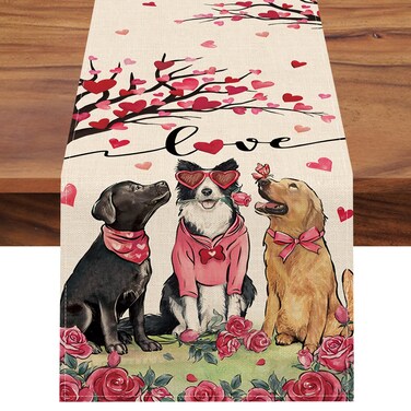 Seliem Valentine's Day Golden Retriever Dog Table Runner, Puppy Pink Red Love Heart Tree Rose Kitchen Dining Table Decor, Wedding Anniversary Home Decoration Indoor Outdoor Party Supply 13 x 72 Inches