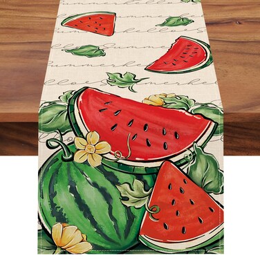 Seliem Hello Summer Watermelon Table Runner, Tropical Fruit Kitchen Dining Table Decor, Seasonal Burlap Home Decoration Indoor Outdoor Party Supply 13 x 72 Inch