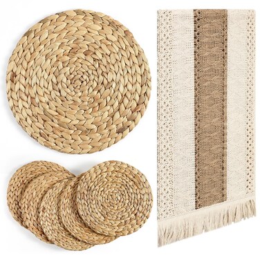 Baderke 7 Pcs Boho Beige Table Runner and Placemats Set Table Runner Round Woven Placemats Braided Water Hyacinth Place Mat Farm Table Runner for Thanksgiving Christmas Dining Home(12 x 72 Inch)