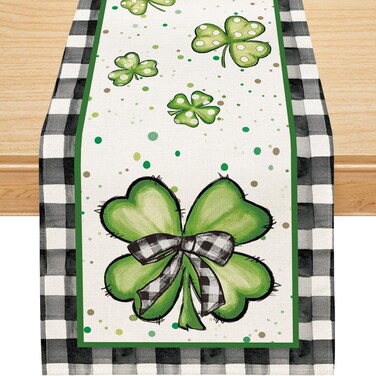 Siilues St Patricks Day Table Runner, Buffalo Plaid St Patricks Day Decoraions Green Shamrock Seasonal Spring Holiday Table Decorations for Indoor Outdoor Dining Table Decor (13'' x 72'')