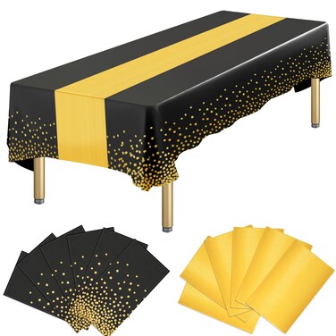 12 Packs Plastic Black Table Cloth Rectangle Table Disposable and Satin Table Runner, Black and Gold Rectangle Tablecloth Table Runner for Birthday Anniversary Retirement New Year Party Decorations