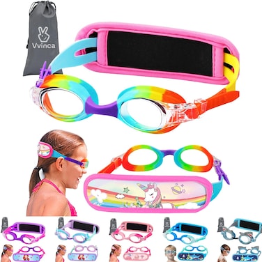 Vvinca Kids Swim Goggles with Fabric Strap No Tangle Pain-Free, Anti-Fog Swimming Pool Goggle No Leak for Toddlers Girls Boys