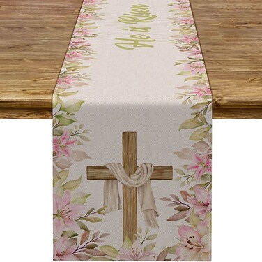 Pudodo He is Risen Table Runner Easter Christian Cross Resurrection Lily Spring Holiday Party Kitchen Dining Home Decoration (13" x 90")