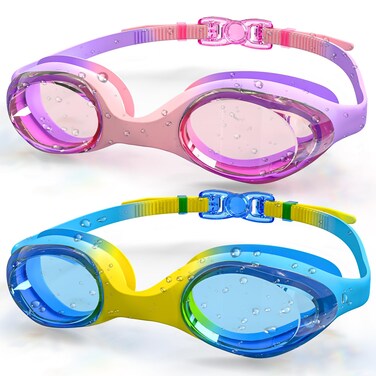 JugWoy 2 Pack Fashionable Swim Goggles, Clear Vision Pool Swimming Goggles for Kids 3-14 Years Old