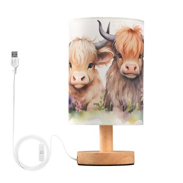 Oarencol Bedside Table Lamp Cute Highland Cows Flower Nightstand Lamp with Wood Desk Lamps for Bedroom Living Room Nursery Office Home Decor