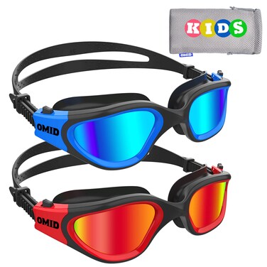OMID Kids Swim Goggles, 2 Packs P2 Comfortable Polarized Unisex-child Swimming Goggles, Anti-Fog No Leaking Swim Goggles for Children with UV Protection Age 6-14 (Black Blue+Black Red)