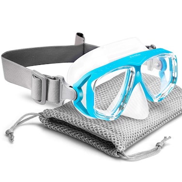 OMGear Kids Swim Goggles with Nose Cover Fabric Strap Dive Snorkel Mask for Children(4-16) Youth Snorkeling Gear Silicone Swimming Mask Anti-Scratch Anti-Fog Tempered Glass Lens(Aqua)