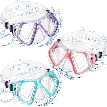 Fabbay 3 Pieces Swimming Diving Goggles with Nose Cover Adult Swim Snorkel Goggle Swim Goggle Pack Pool Goggles for Youth Men Women (Sky Blue, Purple, Pink)