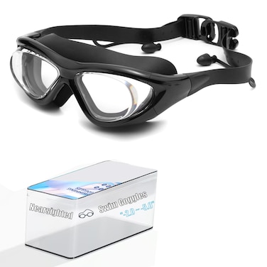 ESAVIA Nearsighted Swim Goggles -2.0D to -5.0D,Anti Fog Shortsighted Swimming Glasses with Earplugs No Leak/UV400 Protection (-2.0, Black)