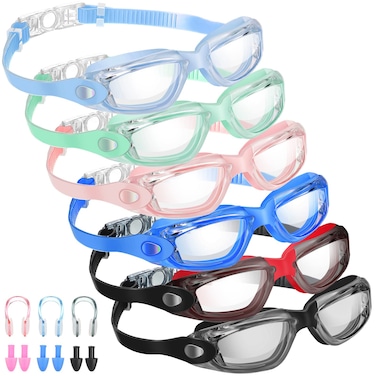 Flutesan 6 Pack Swim Goggles for Adult Anti Fog Swimming Glasses with 6 Ear Plugs Nose Clip No Leaking Full Protection Goggles(Fresh Color)
