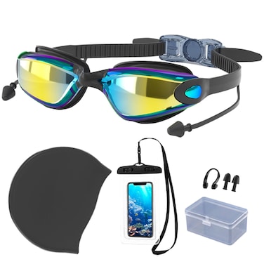 EGEKTBH Swimming Goggles Set, 6 In 1 Anti Fog Swim Goggles with Swim Caps and Waterproof Bag, Polarized Pool Goggles for Adults, Men, Women and Youth (Colorful, Black)