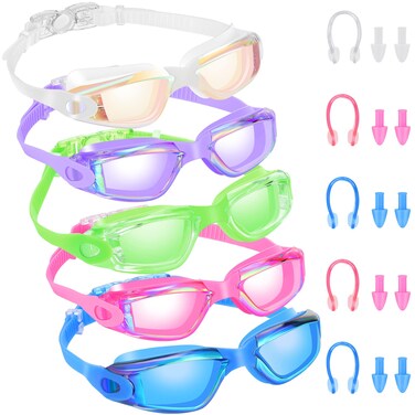 Macarrie 5 Pairs Swimming Goggles Anti Fog Swim Glasses with Ear Plugs Nose Clip No Leaking Full Protection Goggles(Fresh Color)