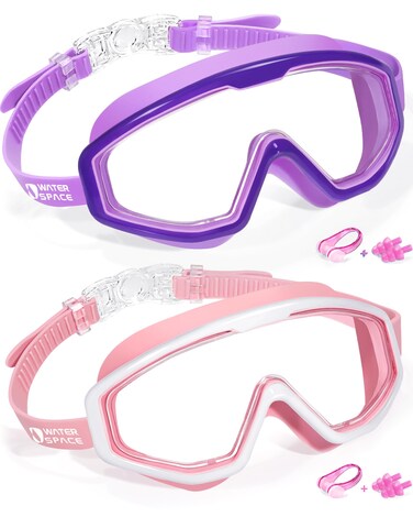 Water Space 2 Packs Swim Goggles Swimming Goggles for Kids Youth Girls Boys Aged 3-6 4-7 6-14 8-12, Toddler Goggles Anti-fog Waterproof UV Pretection Clear Wide Vision, Pool Water Goggles No-Leaking