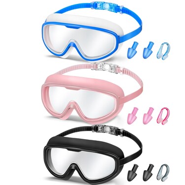 Konohan 3 Pack Adult Swim Goggles Swimming Wide Goggles No Leaking Anti Fog Glasses with Nose Clips Ear Plugs(Clear Lenses)