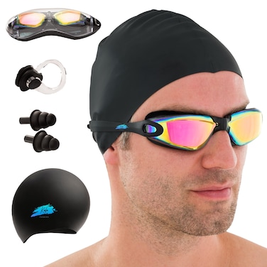 KALA Anti Fog Swim Goggles Adult, Swimming Cap and Nose Clip included, UV Polarized Swimming Goggles, Men Women Swim Goggles