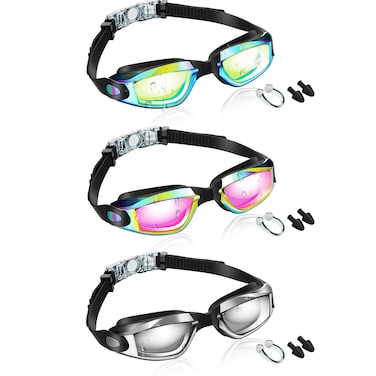 Flutesan 3 Pack Swimming Goggles No Leaking Silicone Anti Fog Swim Glasses with Nose Clip Ear Plugs Adult Kids Pool, 3 Colors(Classic Color,6.3 x 1.8 Inches)
