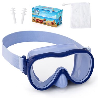 Kids Swim Goggles, Snorkel Mask Diving Mask Swimming Goggles with Nose Cover and Wide Elastic Straps Cover with Mesh Bag &amp; Ear Plugs