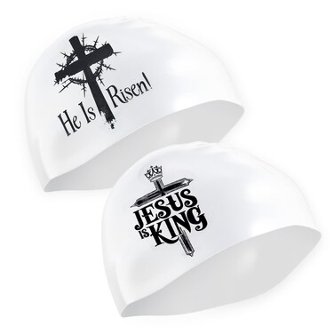 Product Maxx Faith-Based Silicone Swim Cap - Jesus is King &amp; He is Risen Religious Swim Cap for Adults &amp; Kids - Waterproof, Durable, Comfortable - Swimming Cap (White with Black Design)