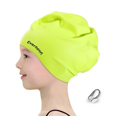 EverSport Kids Swim Caps 6-14 for Girls Long Hair, Large Silicone Swimming Pool Cap for Boys Braids and Dreadlocks Keep Hair Dry Anti Slip Ear Cover Bathing Shower Cap