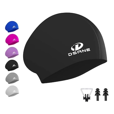 Womens Silicone Swim Cap for Long Hair,3D Ergonomic Design Silicone Swimming Caps for Women Kids Men Adults Boys Girls with Ear Plug and Nose Clip(Black/L)