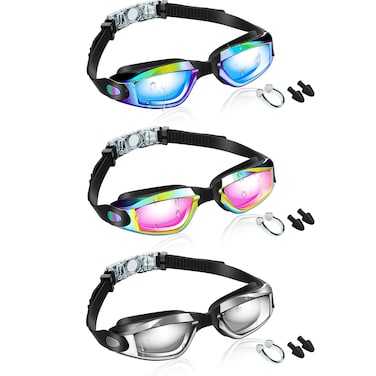 Flutesan 3 Pack Swimming Goggles No Leaking Silicone Anti Fog Swim Glasses with Nose Clip Ear Plugs Adult Kids Pool, 3 Colors(Stylish Color,6.3 x 1.8 Inches)