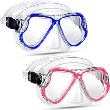 Preboun 2 Pack Swim Mask for Adult Swimming Snorkel Goggles with Nose Cover Anti Fog Clear View Tempered Glass for Diving Swimming (Clear Blue, Clear Rose Red)